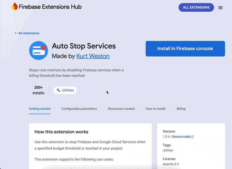 Navigate to Extension Hub and install Auto Stop Services via Firebase console