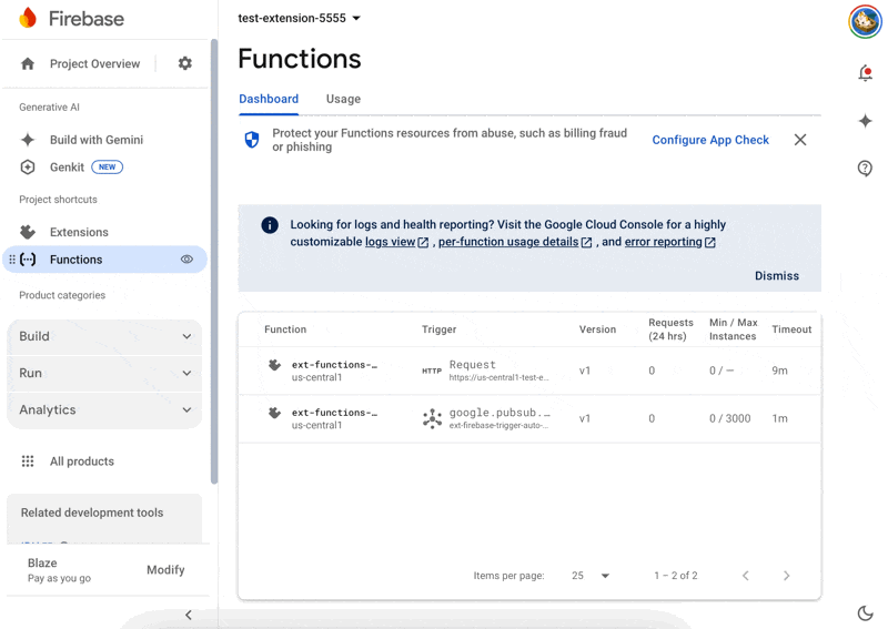 Verify the installation by checking two functions were created and there are no error messages in the extension menu.